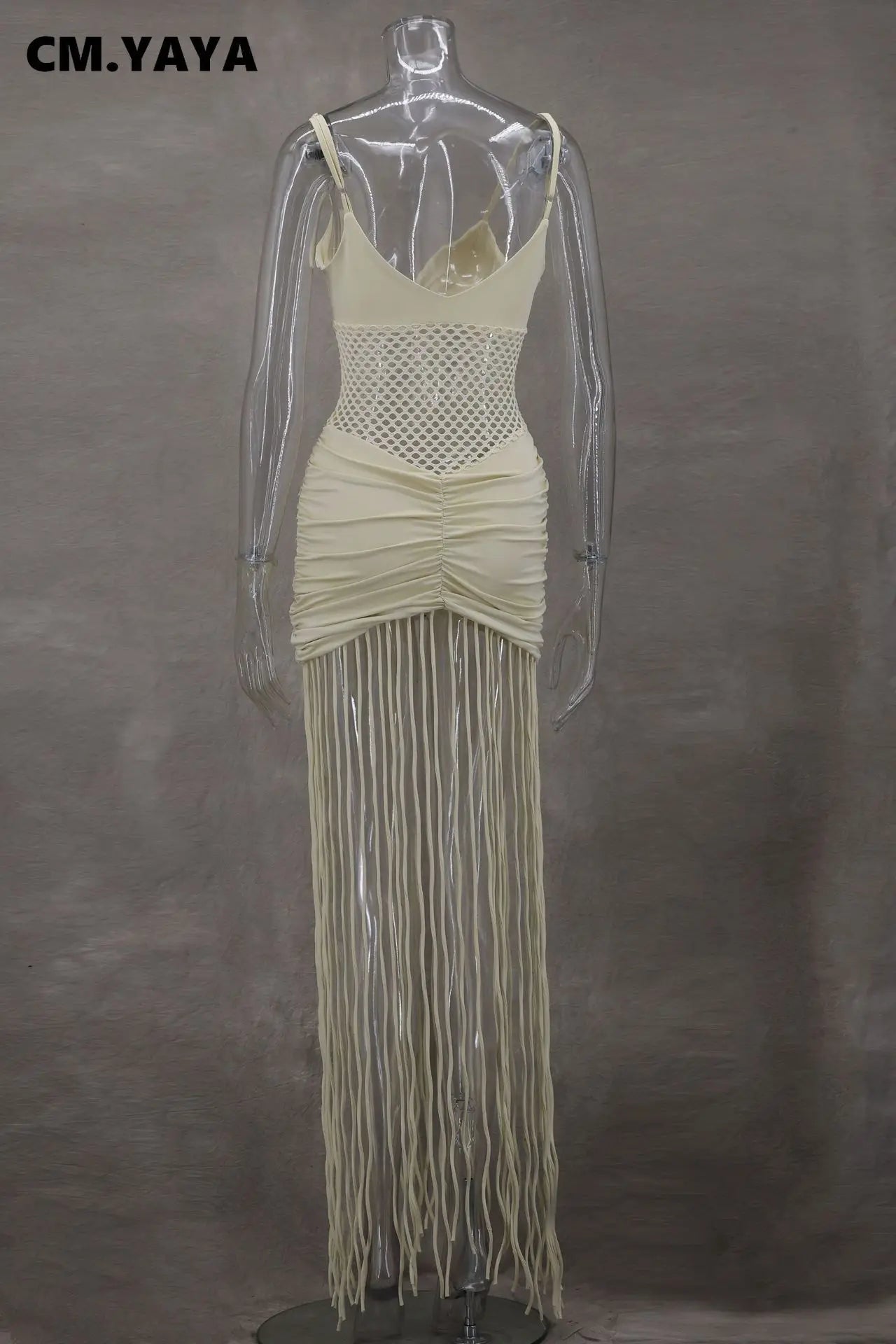 CM.YAYA Women Spaghetti Strap V-neck Sleeveless Tassel Hollow Out Midi Maxi Dress Sexy Birthday Night Party Vestidos Dresses