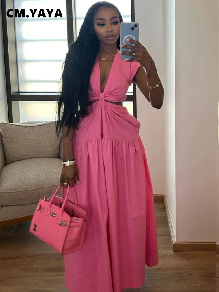 CM.YAYA Women Short Sleeve Tie Up Open Waist Deep V-neck Maxi Long Dress 2025 Summer Sexy Club Party Even Beach Vestidos Dresses