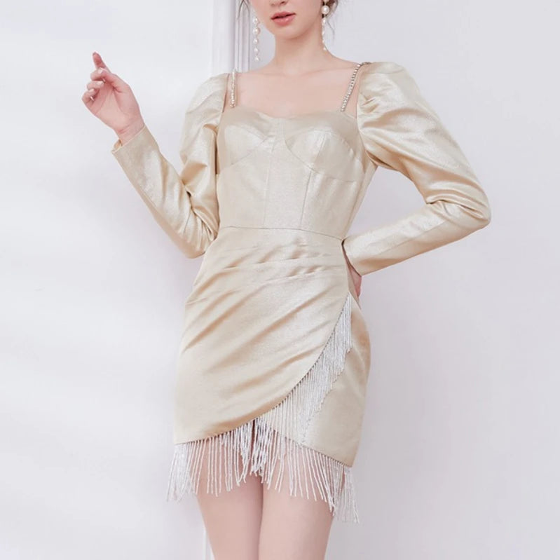 TWOTWINSTYLE Solid Slimming Spliced Tassels Elegant Dresses for Women Square Neck Long Sleeves Patchwork Folds Dress Female New