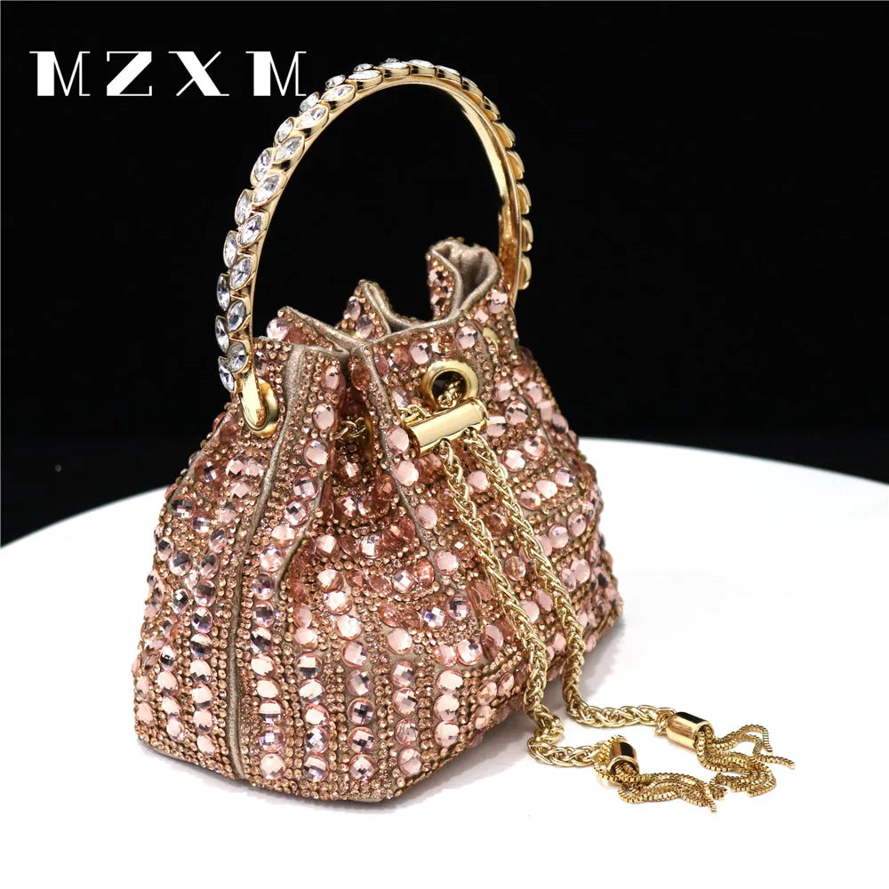 Rhinestones Women Evening Bags Bucket Design Party Day Clutch Soft Mixed Color Handle Design Handbags Purse Mature champagne 15x9x13cm