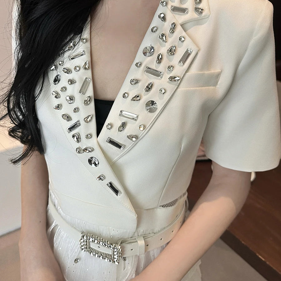 TWOTWINSTYLE Solid Spliced Bead Belt Elegant Dresses for Women Lapel Short Sleeves Patchwor Ruffles Dress Female Clothing New