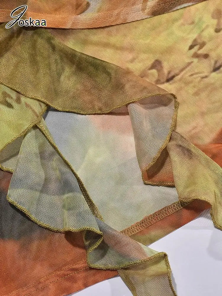 Joskaa Colorful Print Mesh Cutout Irregular Dress Women Hipster Sexy Halter Backless Split Slim Mini Dresses Holiday Wear