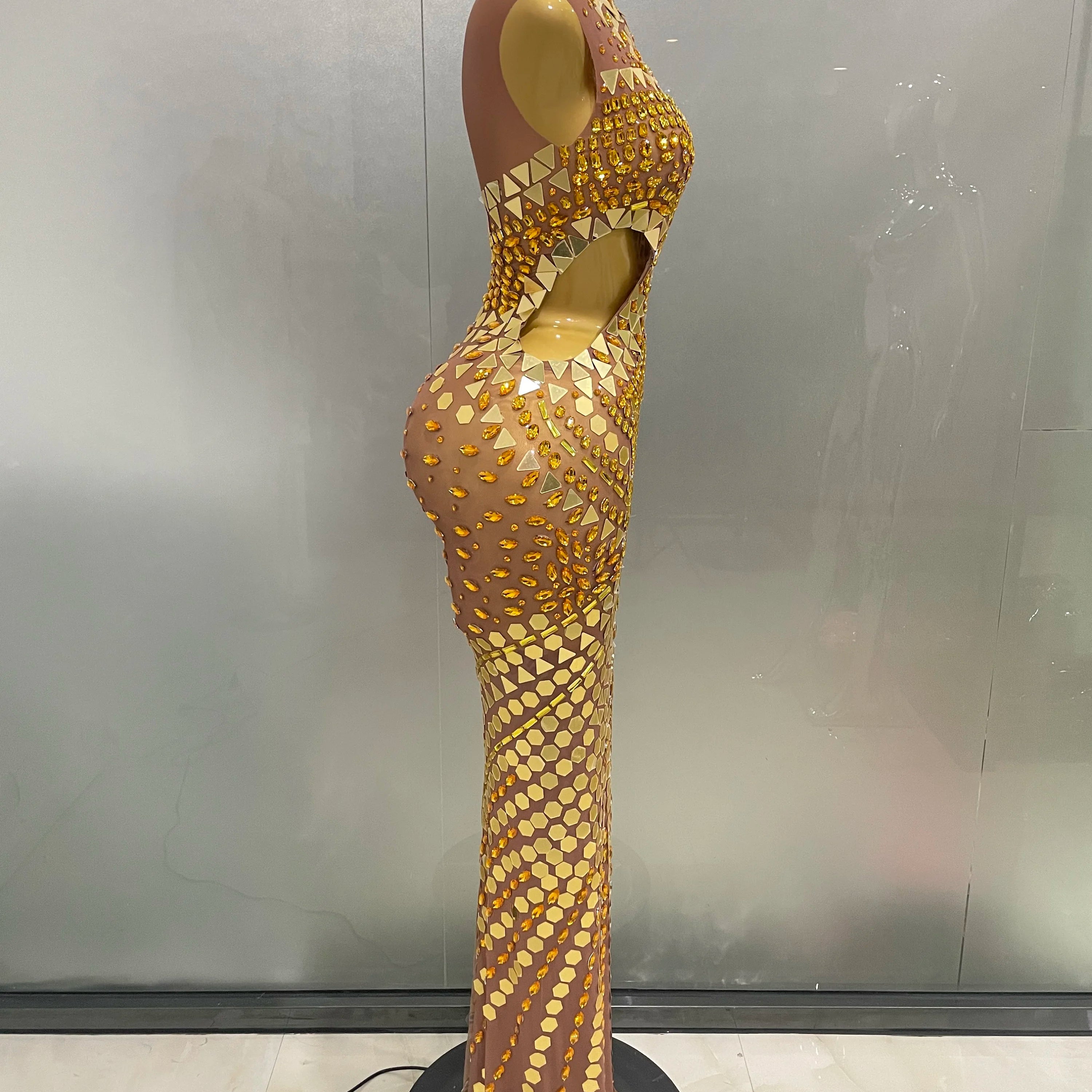 Luxury Shiny Mirror Rhinestones Hollowed-out Long Dress 2025Women Celebrity Evening Party Catwalk Prom Stage Photo Shoot Dresses