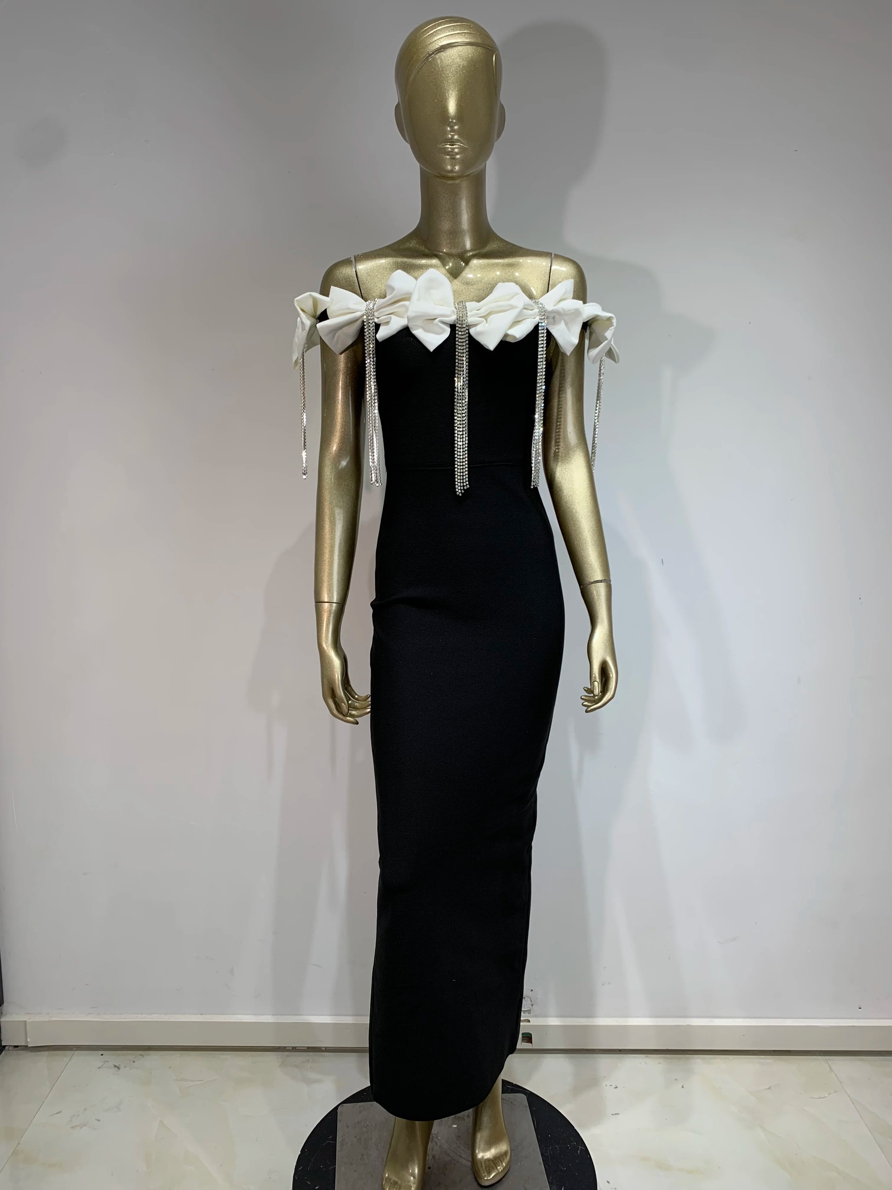 Women Sexy Off the Shoulder Bodycon Bandage Long Dress Bow Chain Elegant Evening Party Celebrate Birthday Dress