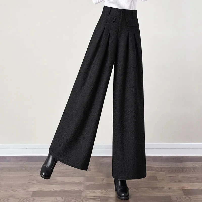 Autumn Winter Woolen Blend Culotte Elegant High Waist Belt Wide Leg Pants Women Baggy Korean Fashion Pantalones Oversize Trouser balck