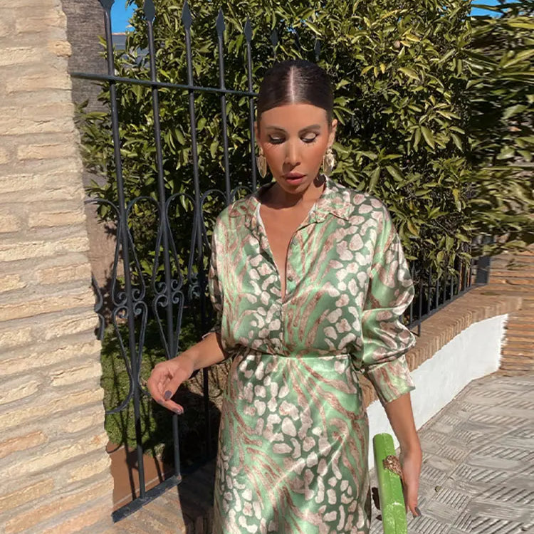 Elegant Printed Shirts Skirts Sets For Women Fashion Lapel Sleeves High Waist 2-piece Suits Summer Lady High Streetwears