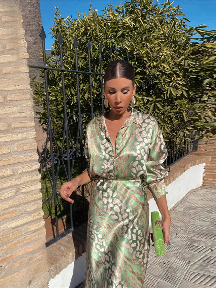 Elegant Printed Shirts Skirts Sets For Women Fashion Lapel Sleeves High Waist 2-piece Suits Summer Lady High Streetwears