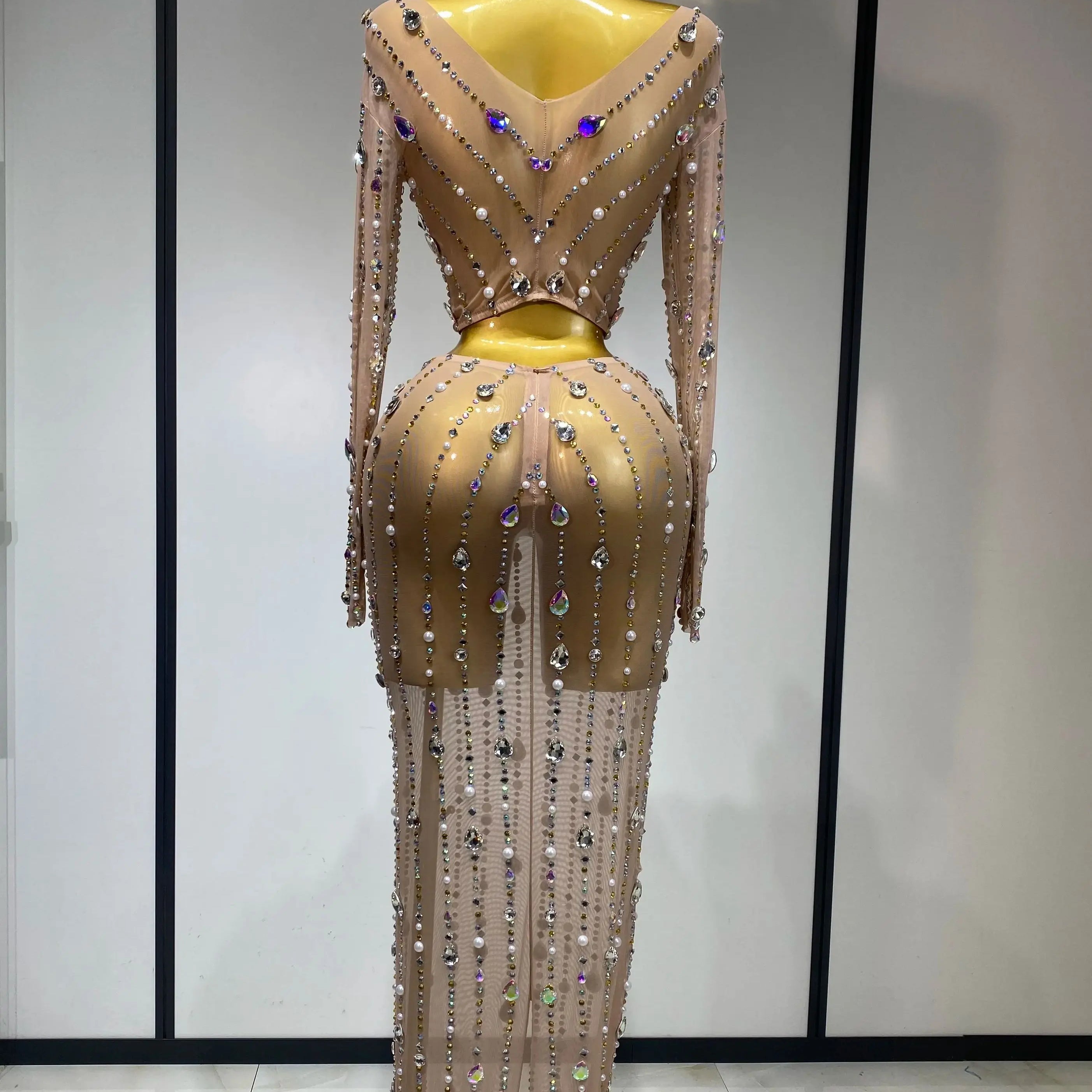 Women Sparkly Rhinestones Top Long Skirt Two Pieces Set Singer Dancer Nightclub Stage Performance Costume Luxury Birthday Dress