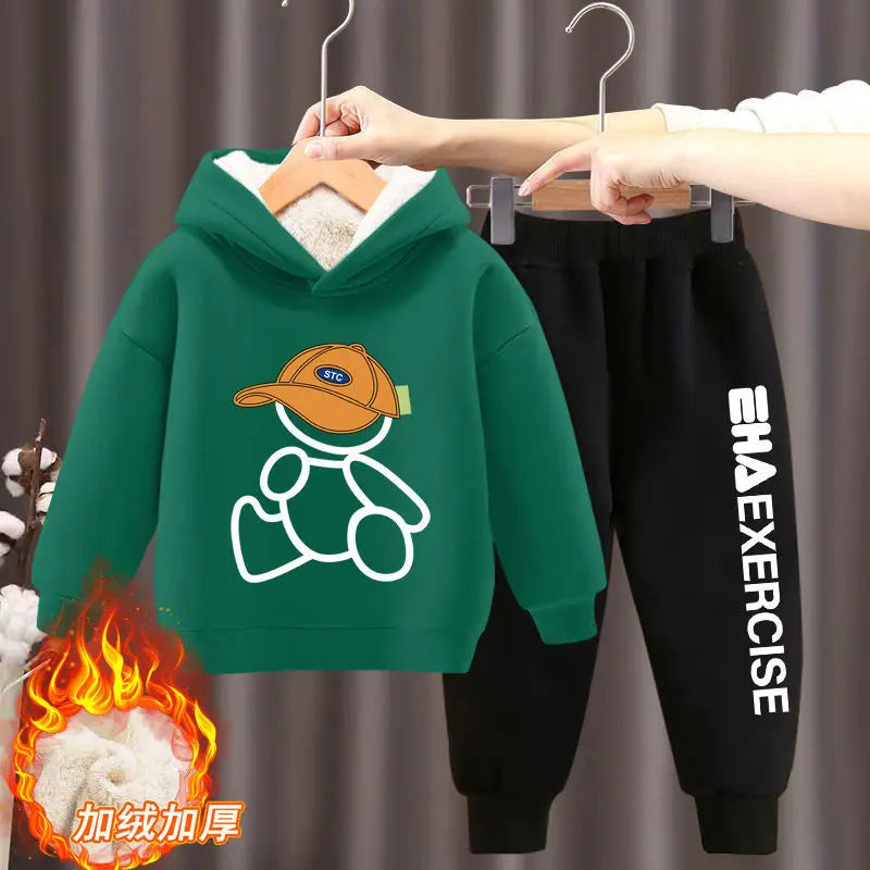Boys Girls Clothes Hoodies Trousers Sets New Kids Cartoon Autumn Winter Long Sleeve Fleece Warm Sweatshirts Outfits 2Pcs 2-12Y 2pcs green A