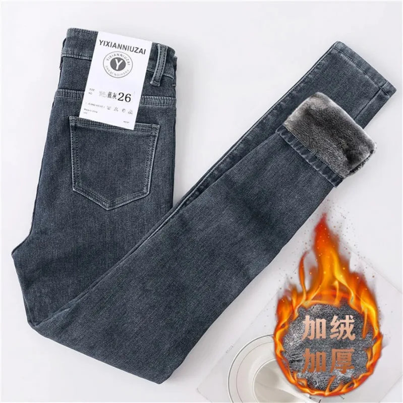 Skinny Velvet Lined Pencil Jeans High Waist Thicken Warm Denim Pants Winter Women Stretch Pantalones Skinny Casual Vaqueros New D