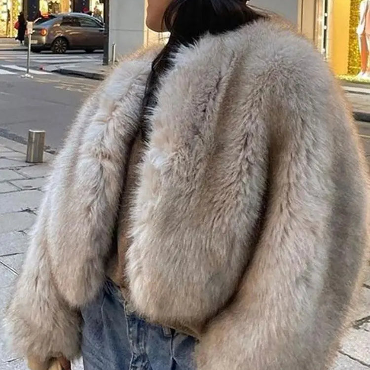 Fur Coat Women Warm Furry Long Sleeve Loose V-neek Female Outwear Autumn Winter New Fashion Street All Match Lady Overcoat