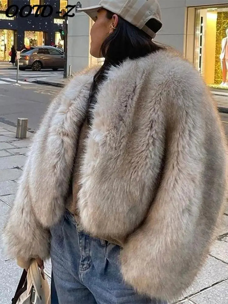 Fur Coat Women Warm Furry Long Sleeve Loose V-neek Female Outwear Autumn Winter New Fashion Street All Match Lady Overcoat