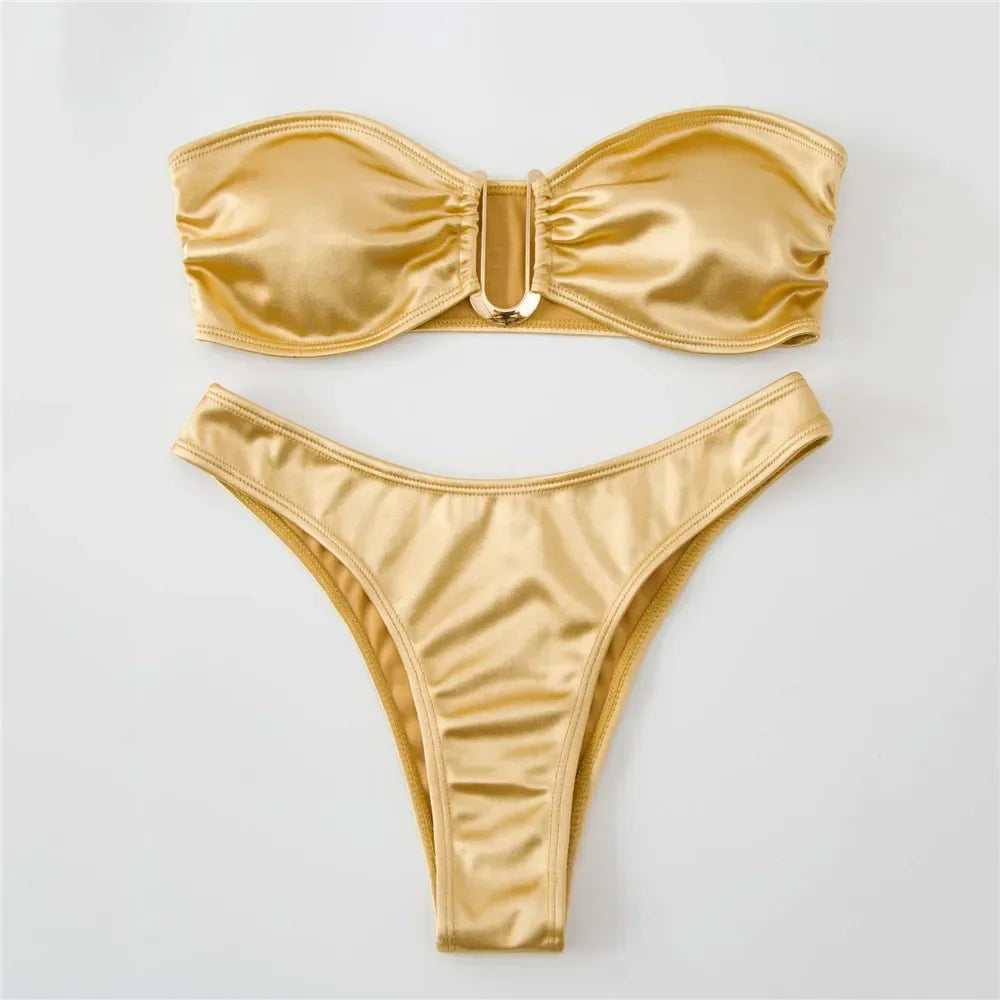 Sexy U Shaped Bandeau Bikinis Set Mujer Strapless Swimwear Women Gold Swimsuit Bathing Suit Biquinis Brazilian Bikini Swim 2024 Gold