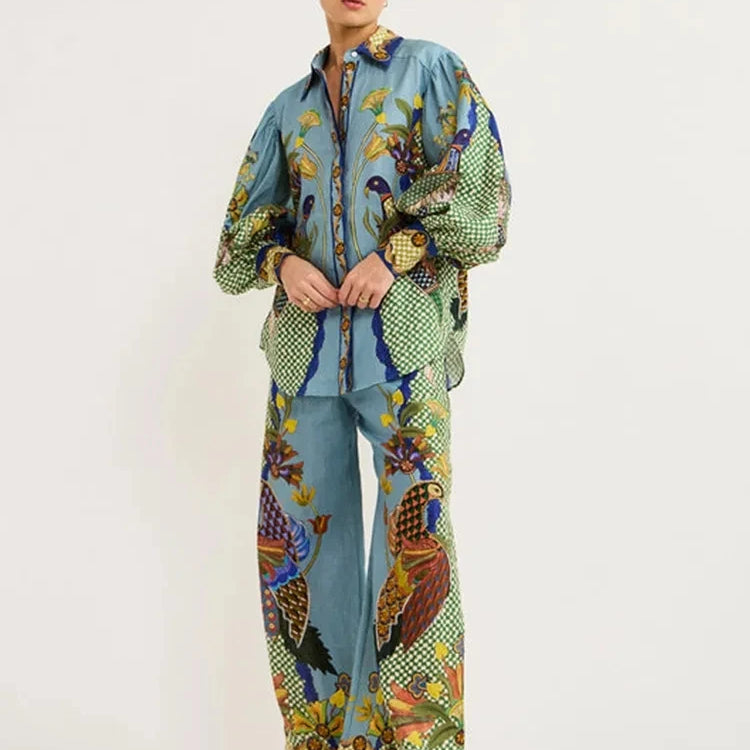 New In Birds Flower Printed Two Piece Set Women Lantern Sleeve Lapel Shirts High Waist Flare Pants Suit For Women Outfits