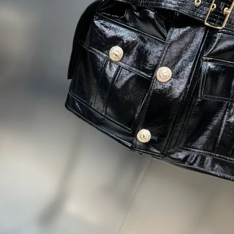 BORVEMAYS Black Stretch High Waist PU Leather Skirts Street Trend Temperament Solid Color Metal Button Zipper 2023 Autumn WZ5282