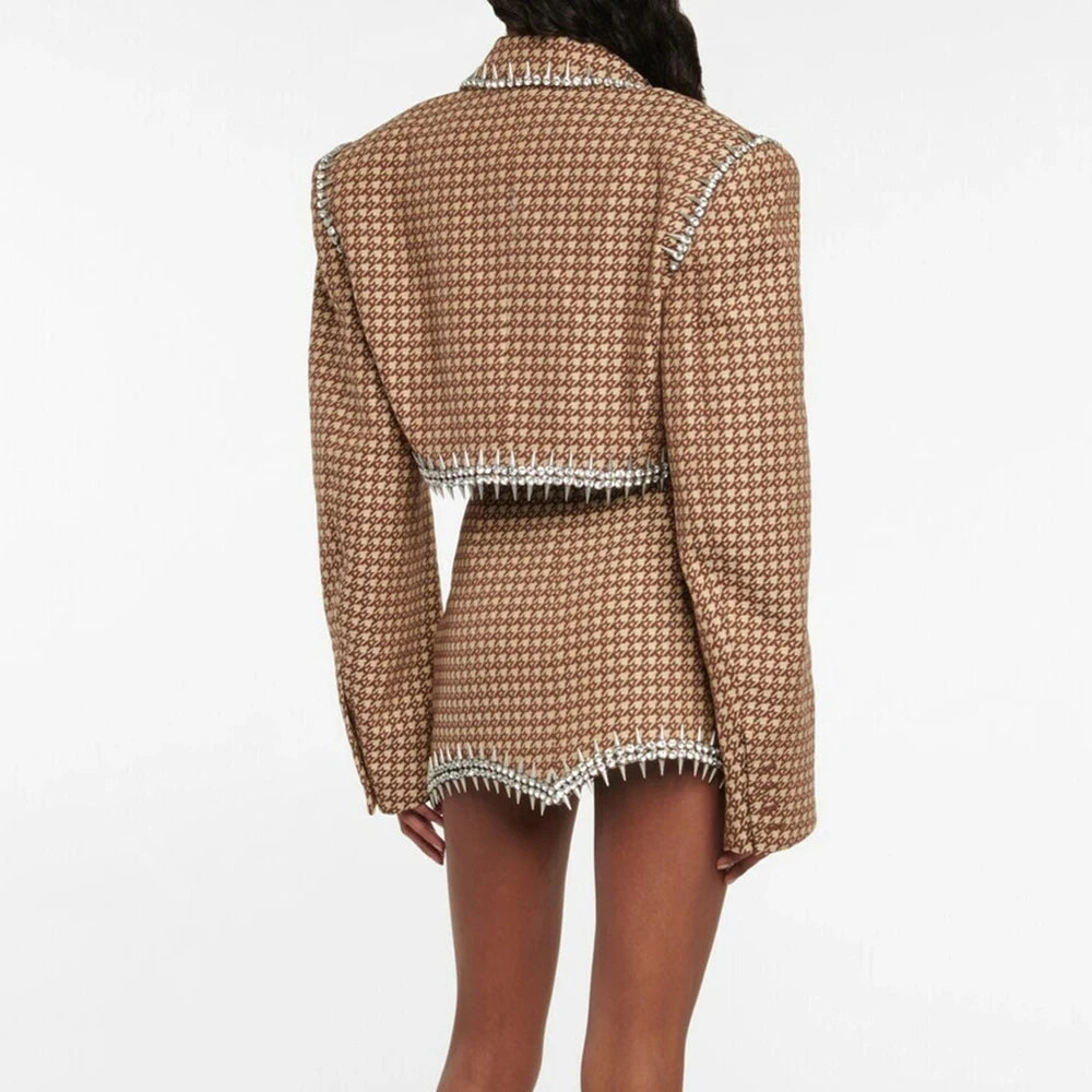 TWOTWINSTYLE Solid Two Piece Set For Women Notched Collar Long Sleeve Spliced Diamond Blazer High Waist Skirt Casual Set Female