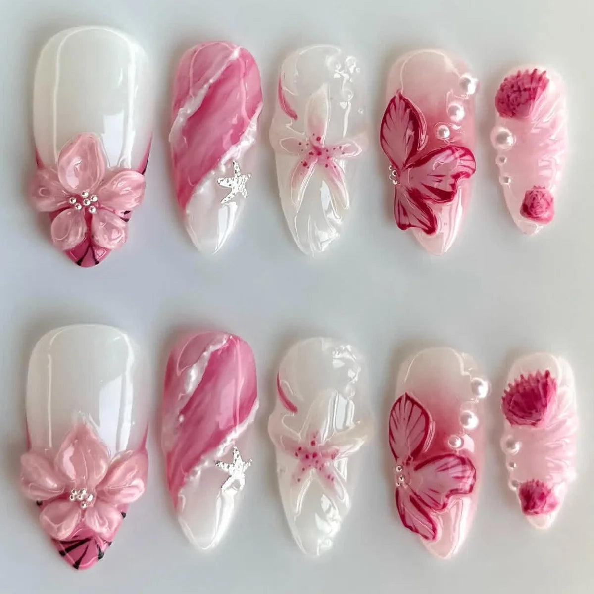 24Pcs Mid-length Almond Press on Fake Nails with Red Jellyfish Smudge Design False Nails 3D Shell Pattern Reusable Manicure Tips