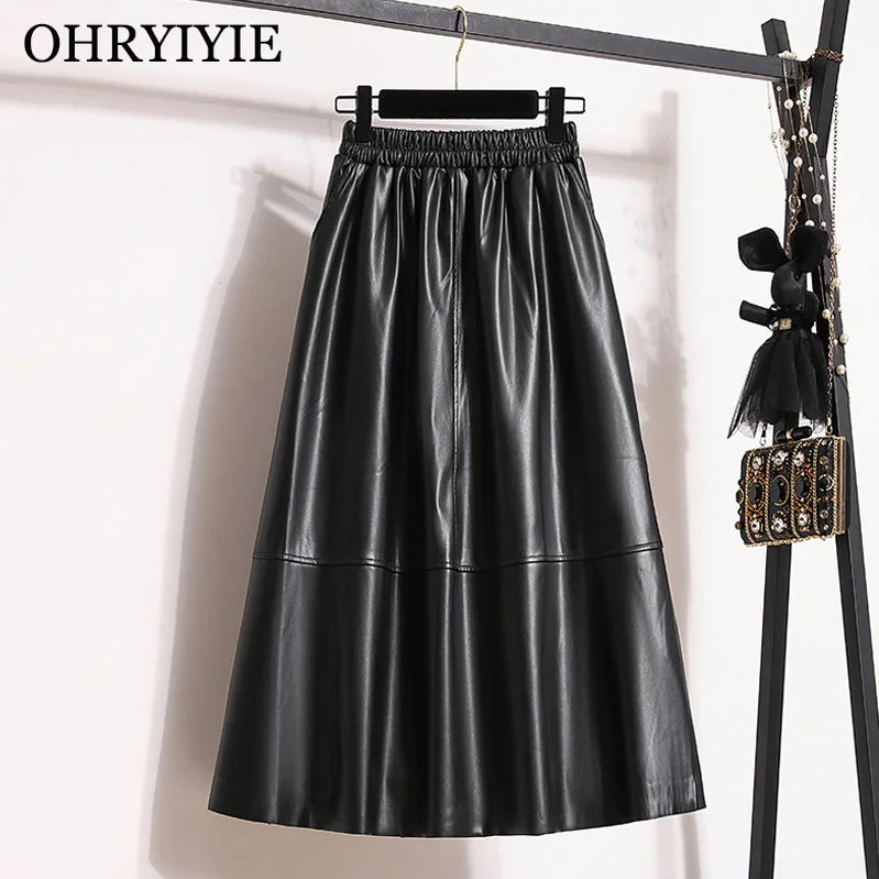 Large Size 4XL Black Long Vintage Faux Leather Skirt Women Autumn Winter Fashion A-Line Skirt Female Elegant PU Skirt