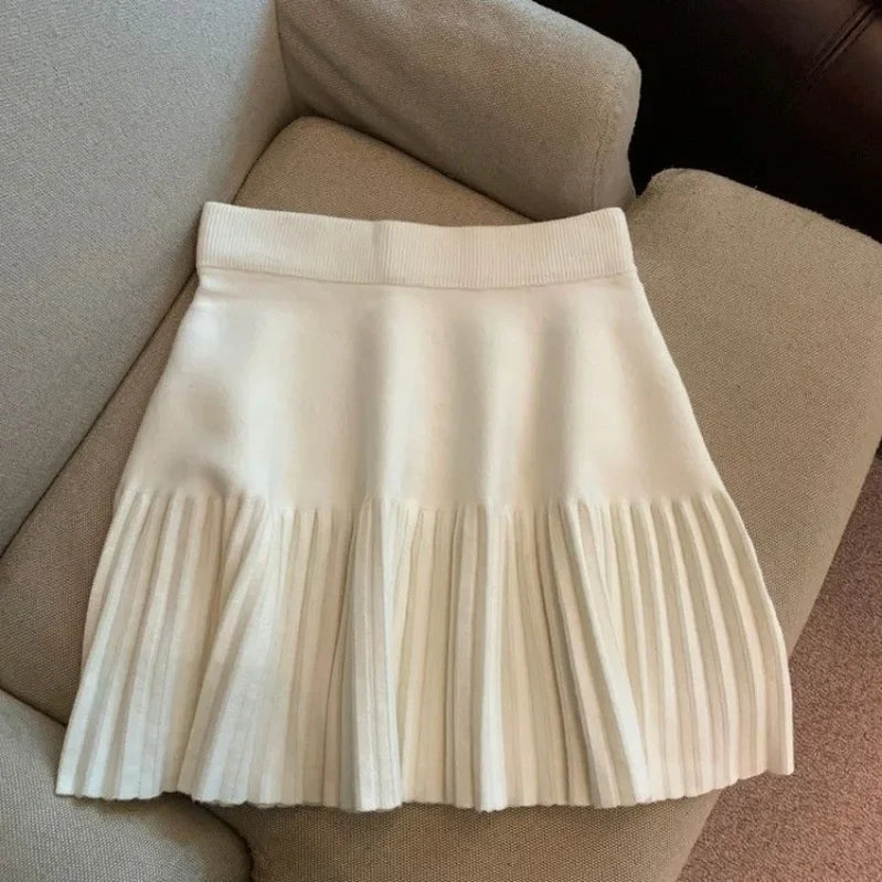 Pleated Skirt Women's Winter High-waisted A-line Skirt Knitted Skirt Preppy Style Women Clothing Apricot One size