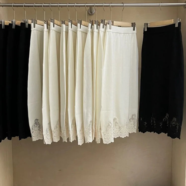 Patchwork Lace Skirts Women Fashion Knitted Jupe 2023 Faldas Mujer De Moda High Waist Tunic Saia Vintage Temperament Long Skirt