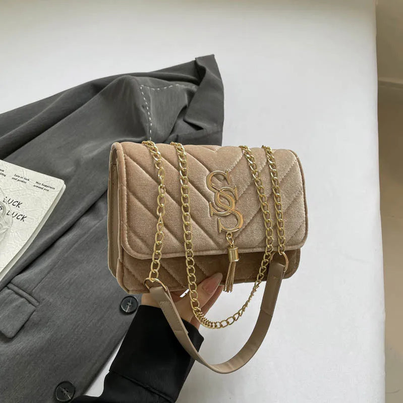 2025 Plaid Chain Square Bag, Niche Crossbody Purse for Women, Letter Print Shoulder Tote, Minimalist Day-to-Night Bag, Textured