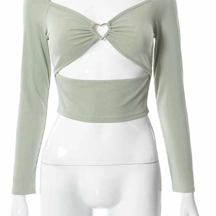 Hollow-Out V-neck Long Sleeve Crop Tops Spring Fall Casual Fashion Women Square Collar Slim Ribbed T-Shirts Backless Tee