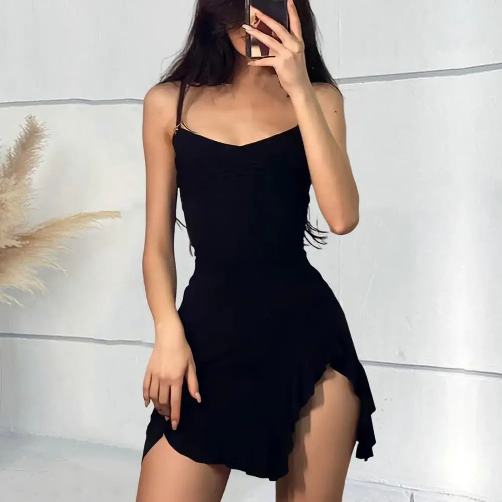 Summer Sexy Mini Dress Women Sleeveless Strap Streetwear Backless Folds Bodycon Split Black Dress Party Elegant A-LINE Dresses