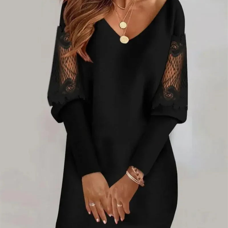 Elegant Lantern Sleeve Lace Splicing Dress Women Solid Color Deep V Neck Dresses Female Fashion Commuter Casual Party Mini Gown