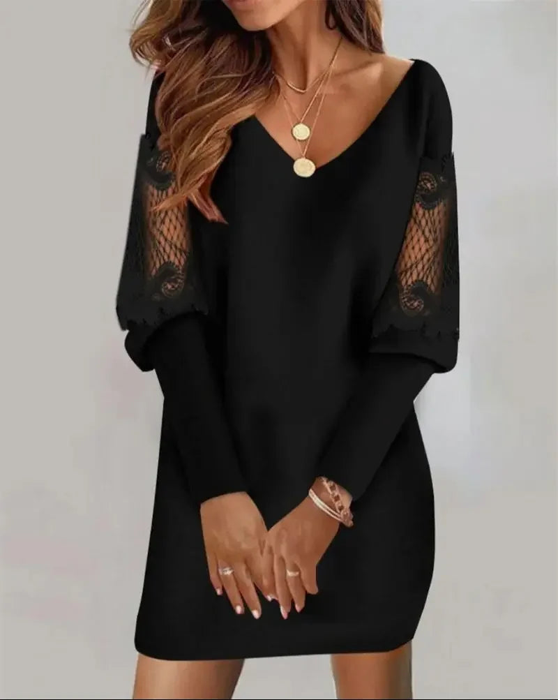 Elegant Lantern Sleeve Lace Splicing Dress Women Solid Color Deep V Neck Dresses Female Fashion Commuter Casual Party Mini Gown