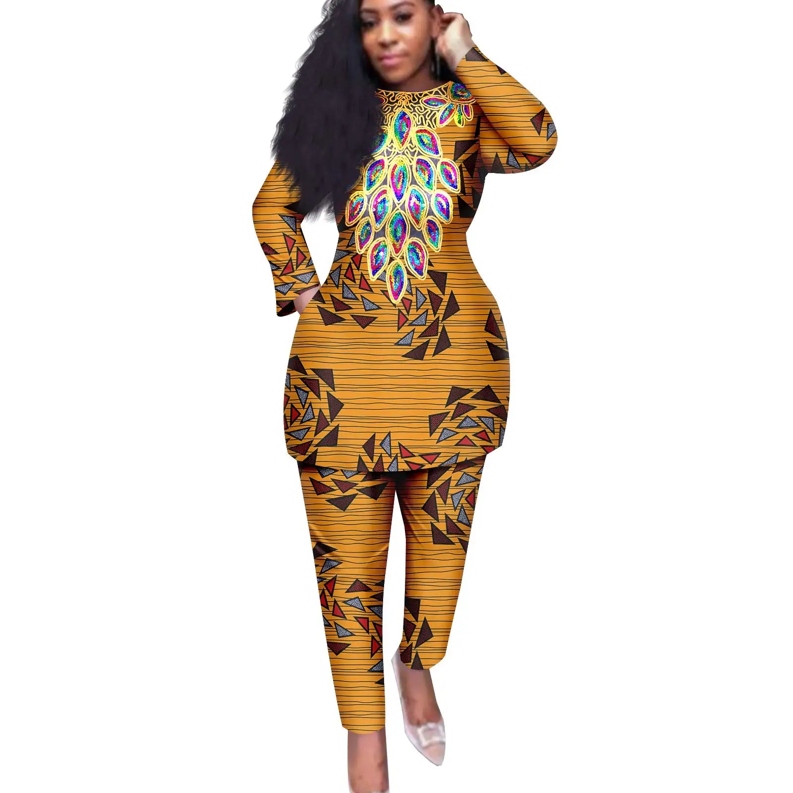 African American Women's Printed Fabric Top with Pants, Dazzling Stamping Set, Long Sleeve, Plus Size, Fashion, A2226026