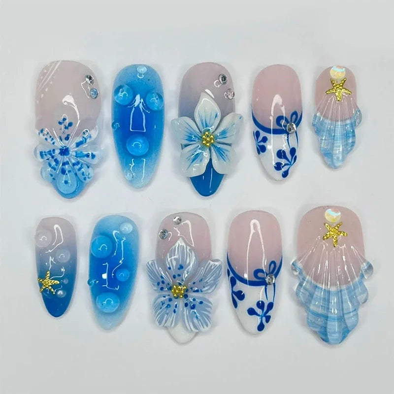 24Pcs 3D Water Ripple Wearable Almond Nail Tips Blue Ocean Shell Design Manicure Colorful Flower Pearl Detachable False Nail Set