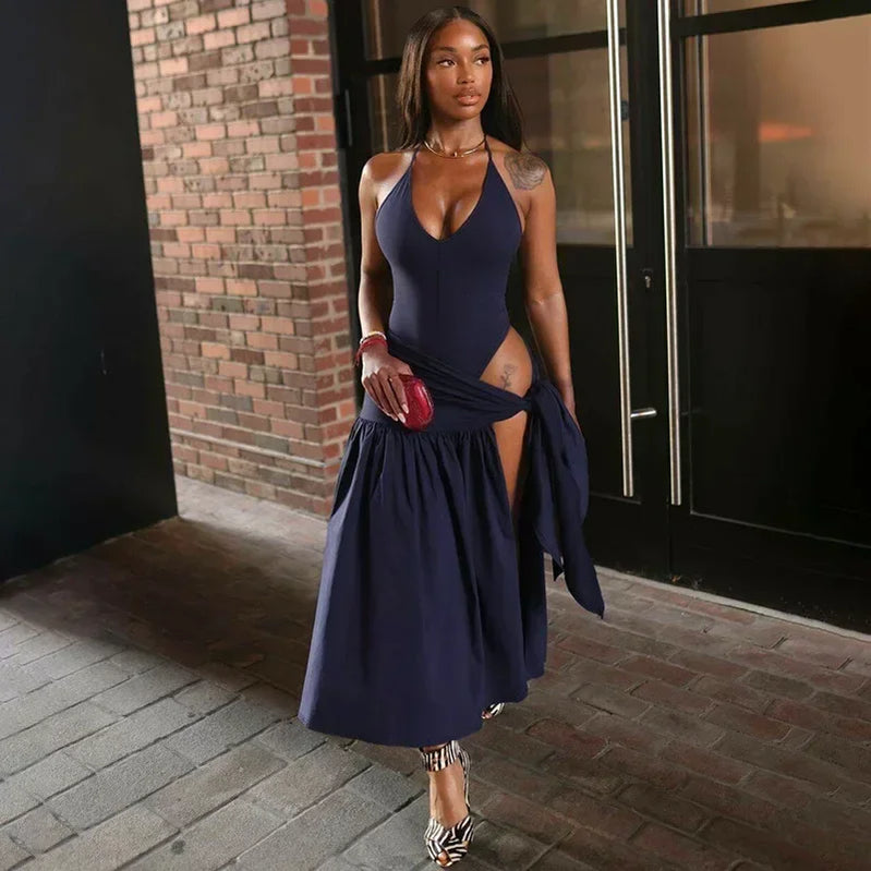 CM.YAYA Elegant Women's Set Sleeveless Strap Bodysuit +Long Skirts Set Autumn Tracksuit Sexy 2024 Tie Up Two 2 Piece Set Outfits