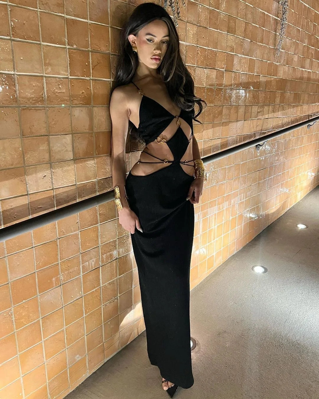 STOCK Stylish Luxury Diamonds Woman Bandage Set Sexy Hollow Out Short Top And Mermaid Long Skirt 2 Pieces  Evening Party Vestido