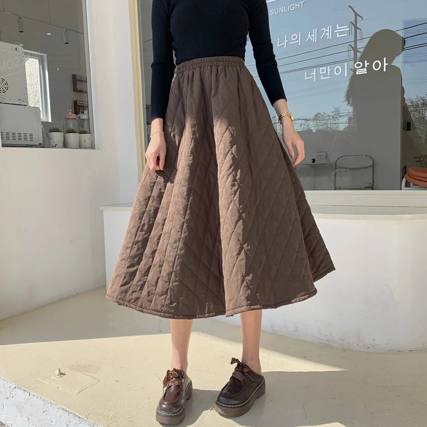 Winter Down Padded A-line Skirt Women Black Solid Pockets Long Skirts Thickening Warm Bottoms Jupe Chic Female Brown