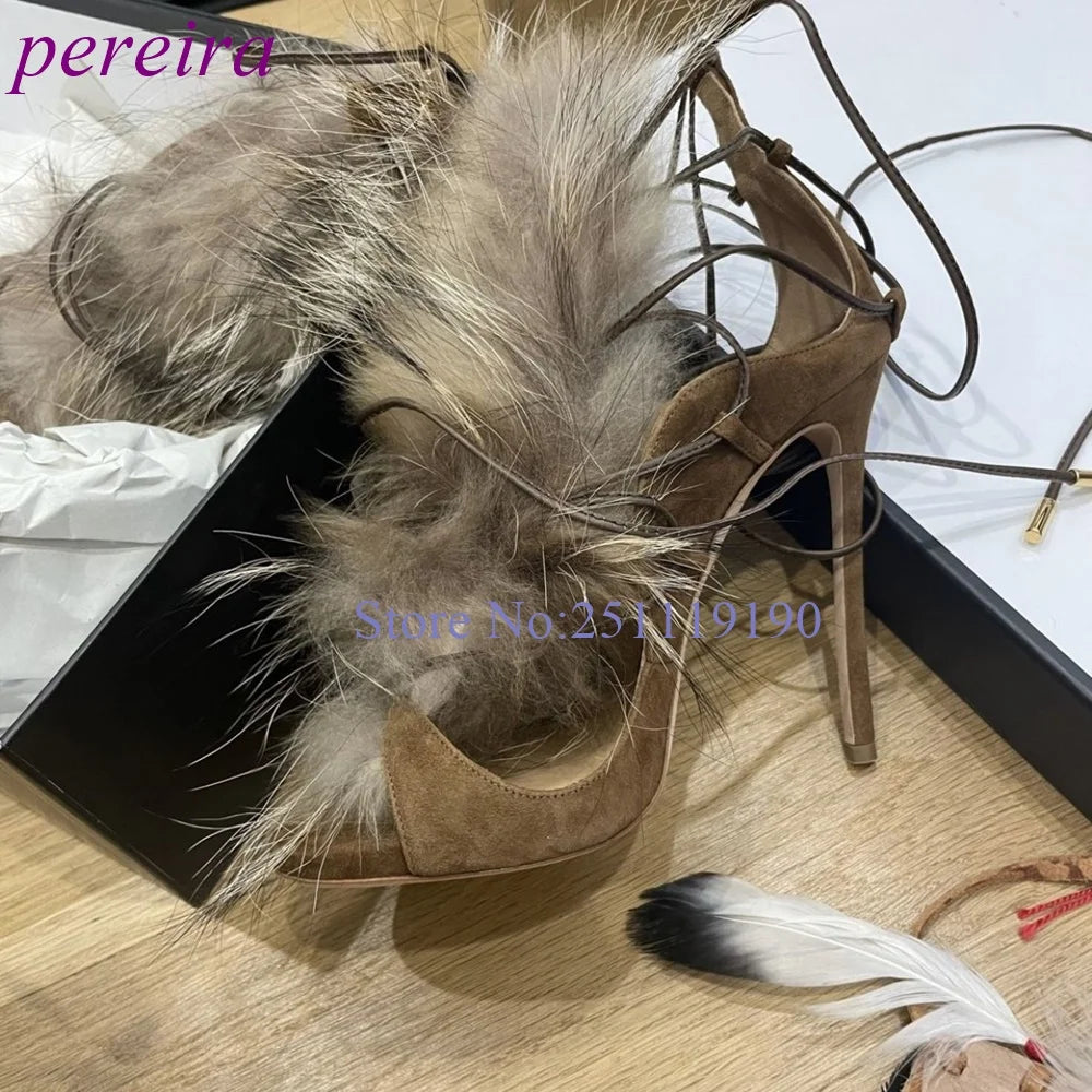 Purple Suede Heeled Sandals Feather Lace Up High Heels Stiletto Shoes Women Luxury Designer 2025 Sandalias De Mujer New Pink New