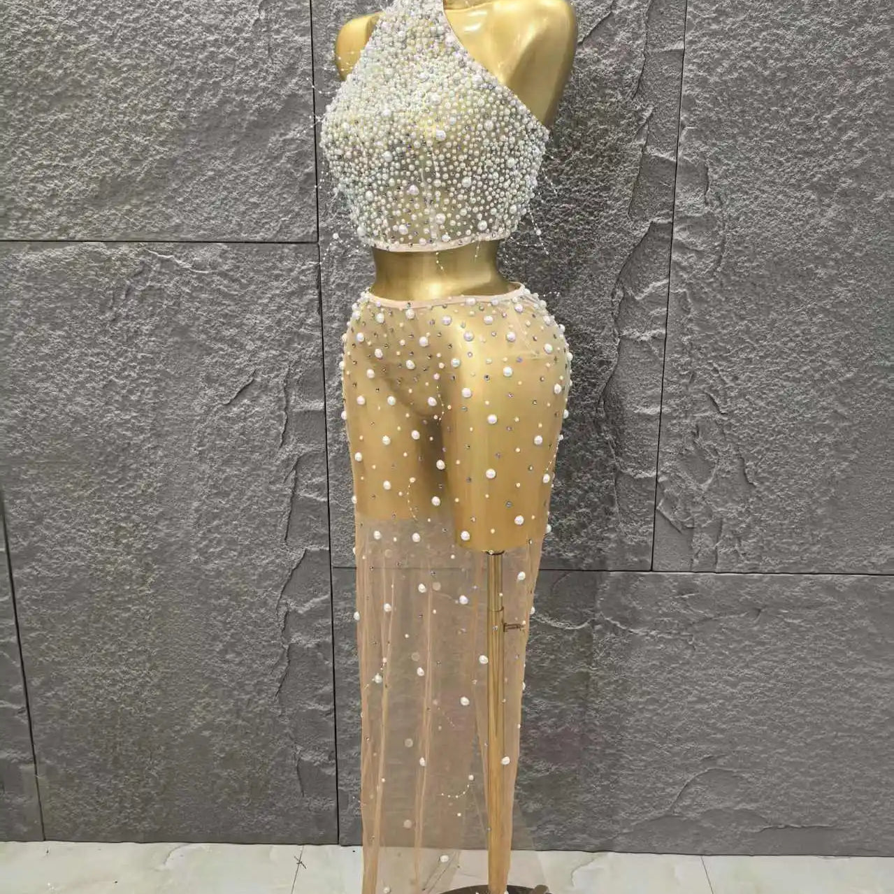 STOCK Fashion Women Sleeveless Sexy Beading Mesh See Through 2 Pieces Bodycon Dress Celebrate Nightclub Party Outfit Vestido