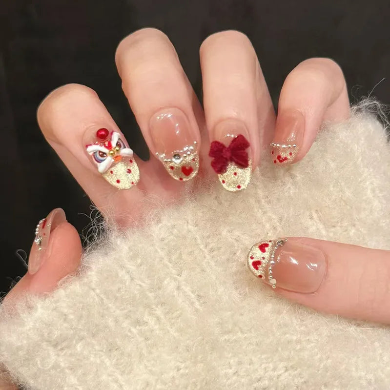 24pcs/set Medium fake nails for women girls 3D embossed flowers fruit shell rhinestones design Almond tips press on false nail