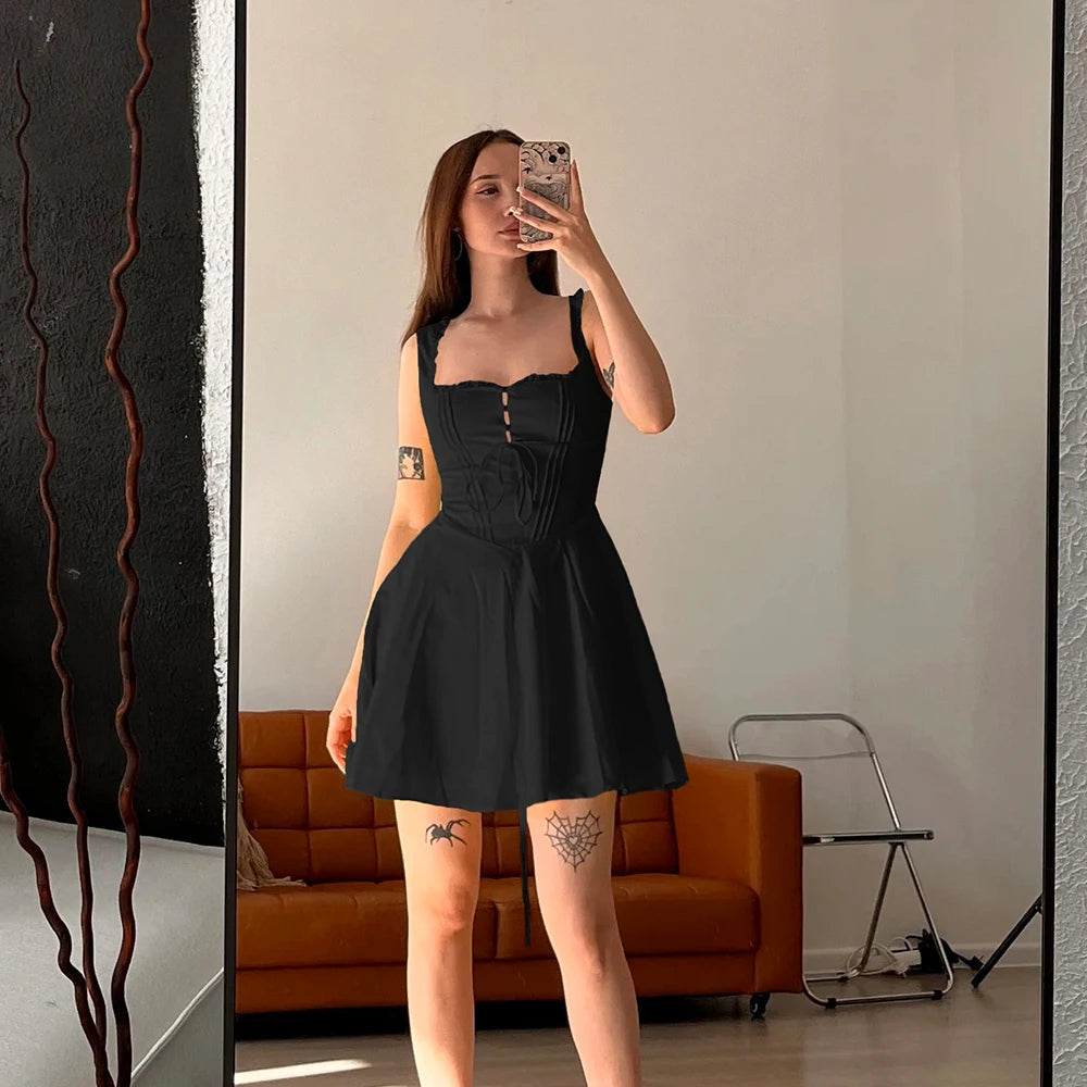 Suninheart Summer Lovely Cute Mini Dress Black Hollow Out Sexy Party Dresses Lace Up Elegant Holiday Dress Women 2024 New In