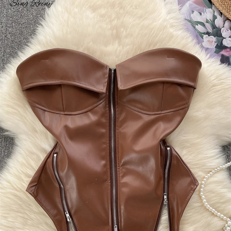 SINGREINY Strapless PU Leather Short Tank Top Fashion Zipper Design Slim Chic Backless Camis Ladies Streetwear Club Sexy Top coffee One Size