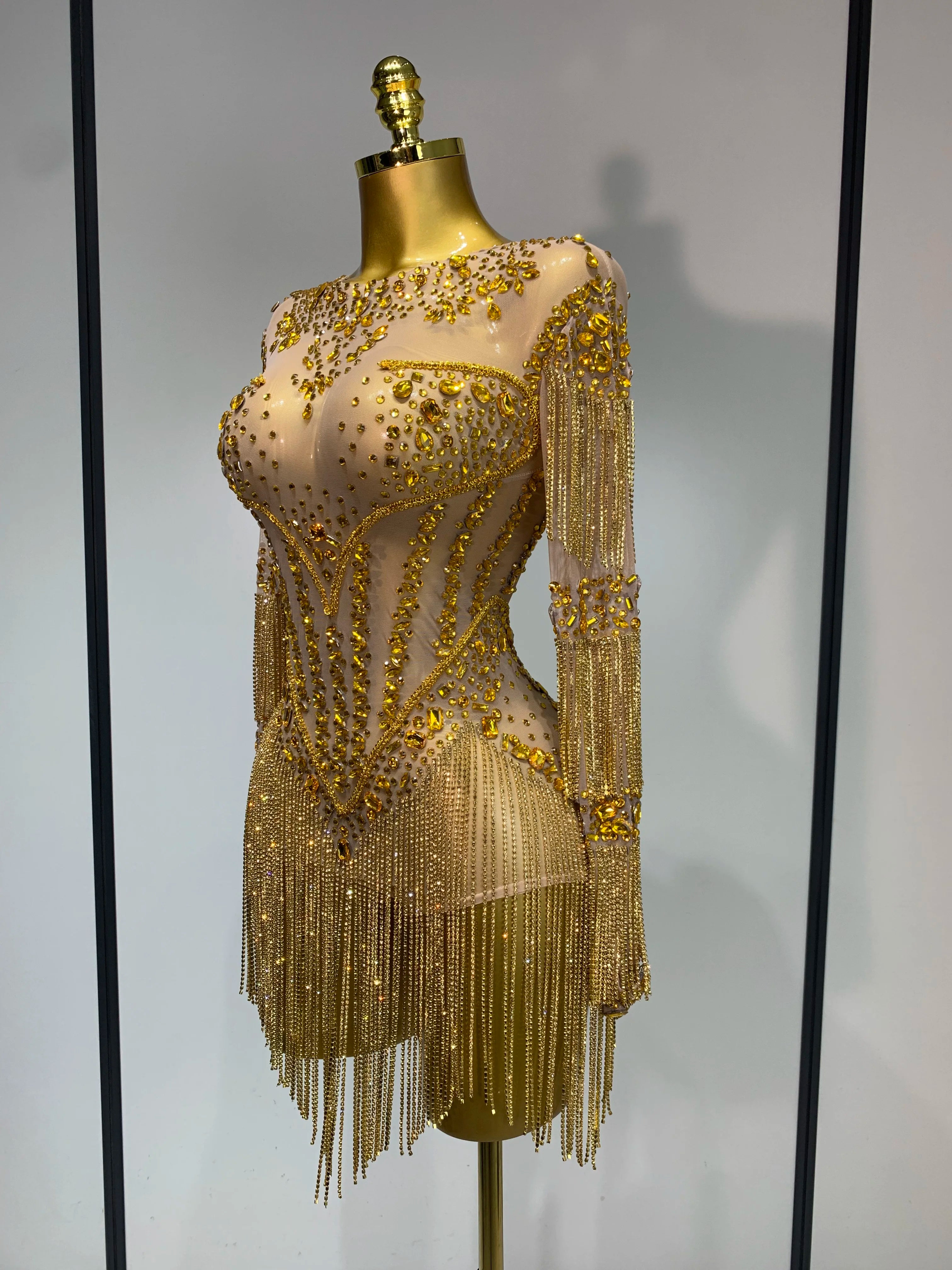 Luxury Birthday Evening Party Gown Sparkly Rhinestone Bodysuit Women Sexy Mesh See Through Performance Dance Stage Costume