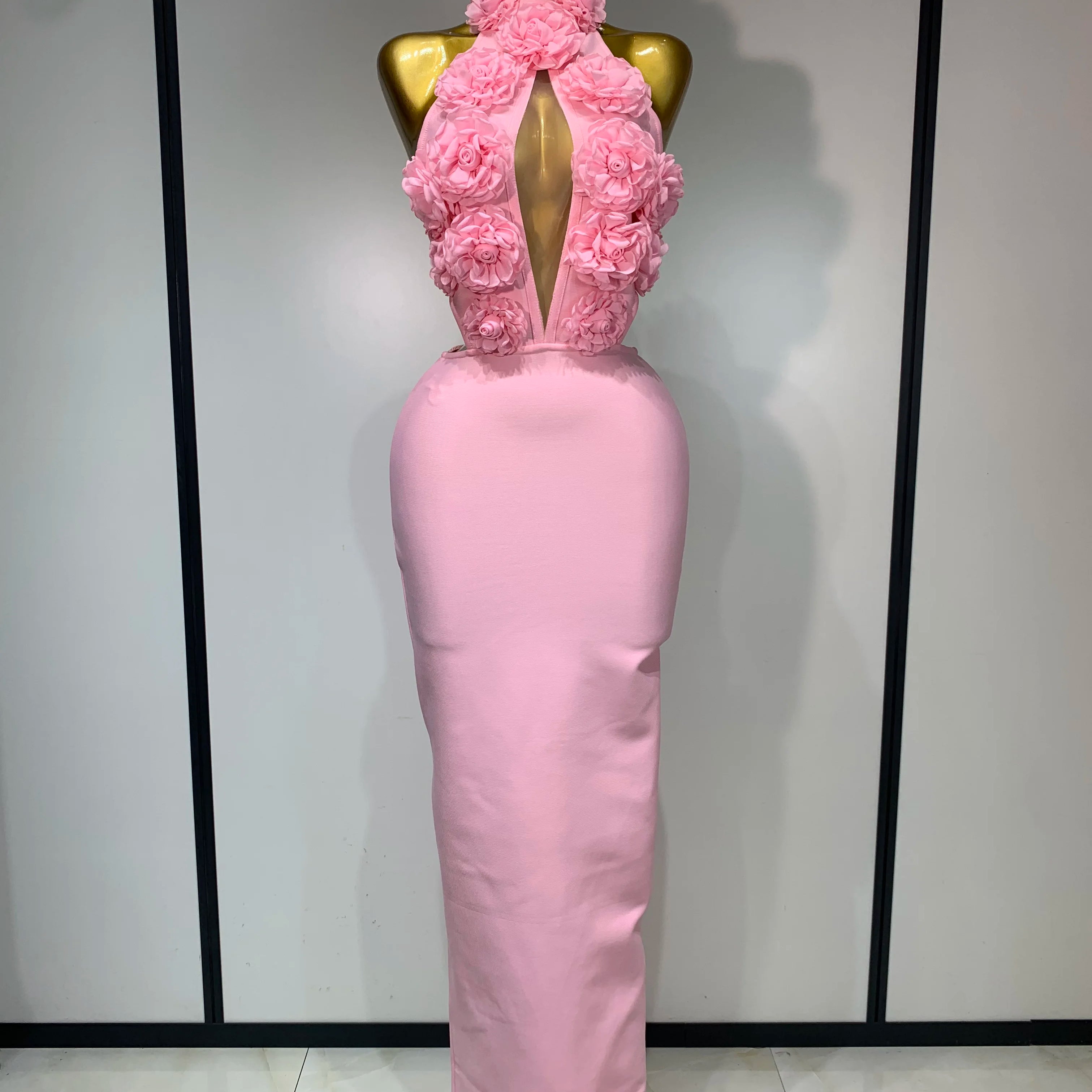 Luxury Birthday Dress Women Celebrity Sexy Halter Backless Flower Long Bandage Bodycon Dress 2025 Elegant Evening Party Outfit ﻿