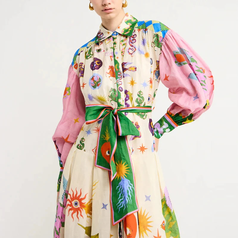 Elegant Loose Tie-Up Stand Collar Shirt Dress Women Fall Boho Print Pink Maxi Dress Fashion Geometric Cartoon Pattern Long Dress 02 Patchwork Pink