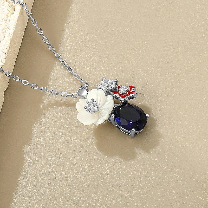 LAYA Necklace For Women White Shell Flower Shining Zircon Handmade Enamel 925 Sterling Silver Engagement Wedding Party Jewelry Sliver