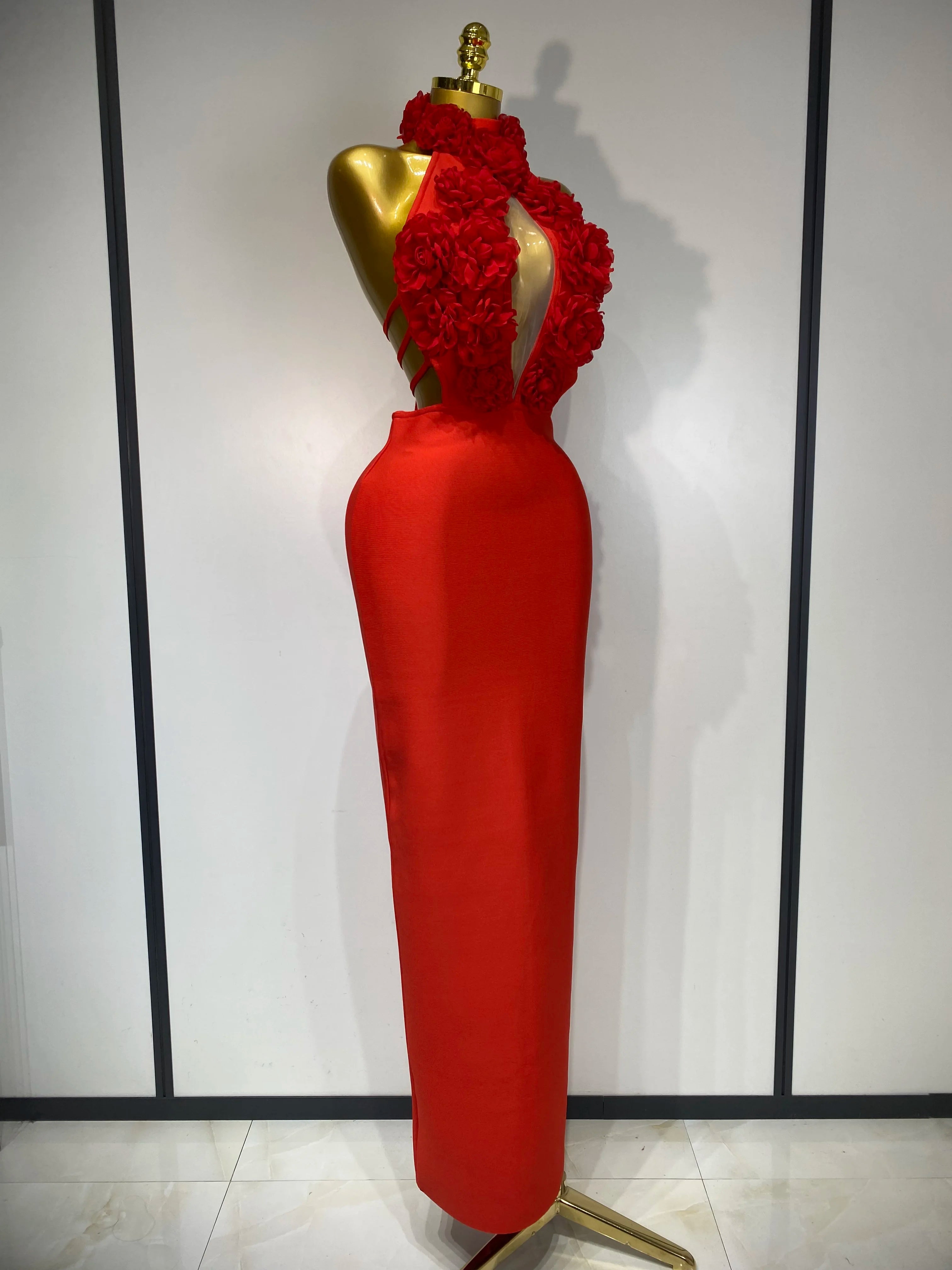 2025 Women Sexy Halter Hollow Out Flowers Bodycon Bandage Dress Red Backless Elegant Party Luxury Birthday Wedding Dresses