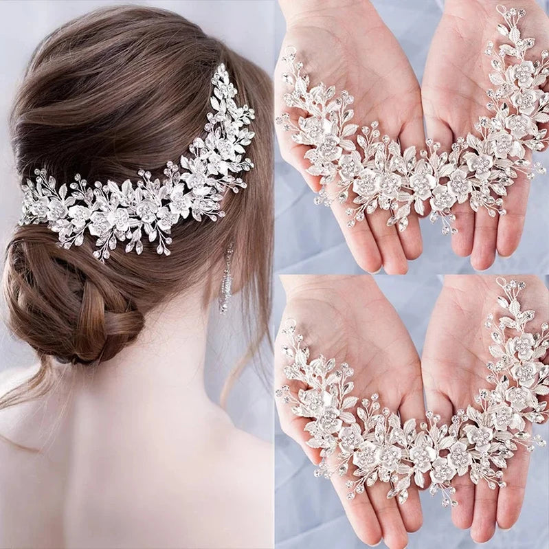 Silver Color Bridal Flower Headband Prom Tiara Wedding Hair Accessories Bride Handmade Hair ornaments Female Crystal Headdress