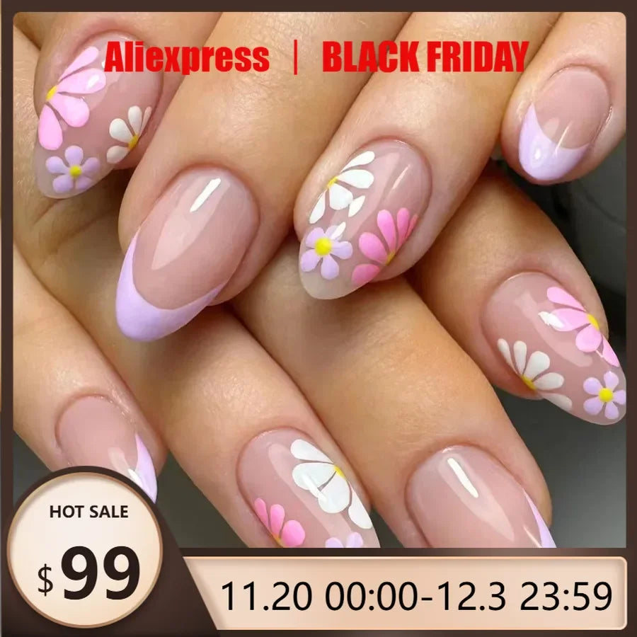 24Pcs Short Almond Press-On Nails Pink Floral French Tip Glossy&Elegant Full Cover Fake Nails for Women&Girls Spring,Daily Wear