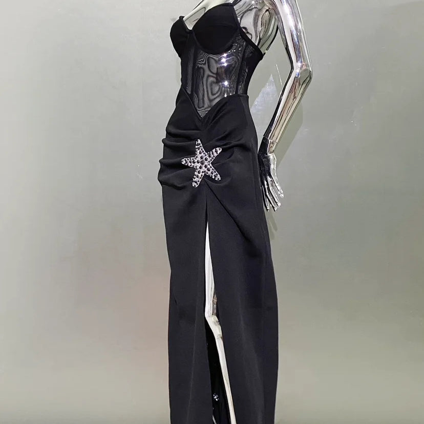 2024 Starfish Sexy See Through Mesh Patchwork Bandage Spaghetti Strap Floor Length Dress  Evening Dress Celebrity Party Outfit