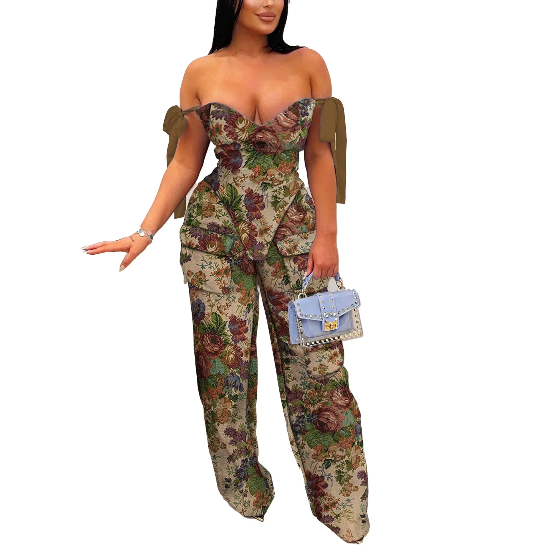 CM.YAYA Oil Painting Printed Women's Set Lace Up Back Crop Top and Pants Suit 2024 Fall Winter Two 2 Piece Sets Outfit Tracksuit Khaki