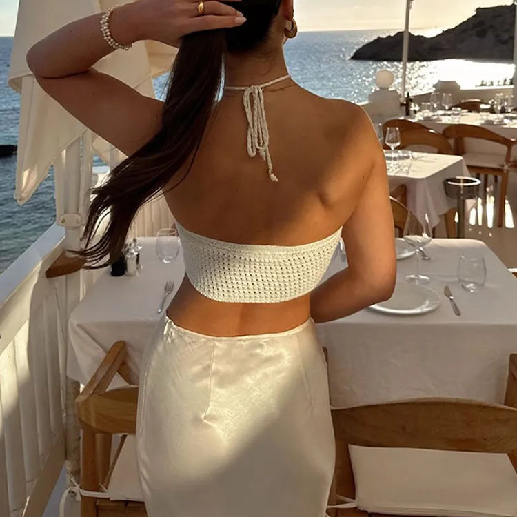 Knitted 3d Flower Women Halter Vest Sexy Hollow Out Backless Female Crop Top Summer Sleeveless Lace Up Holiday Lady Beachwear