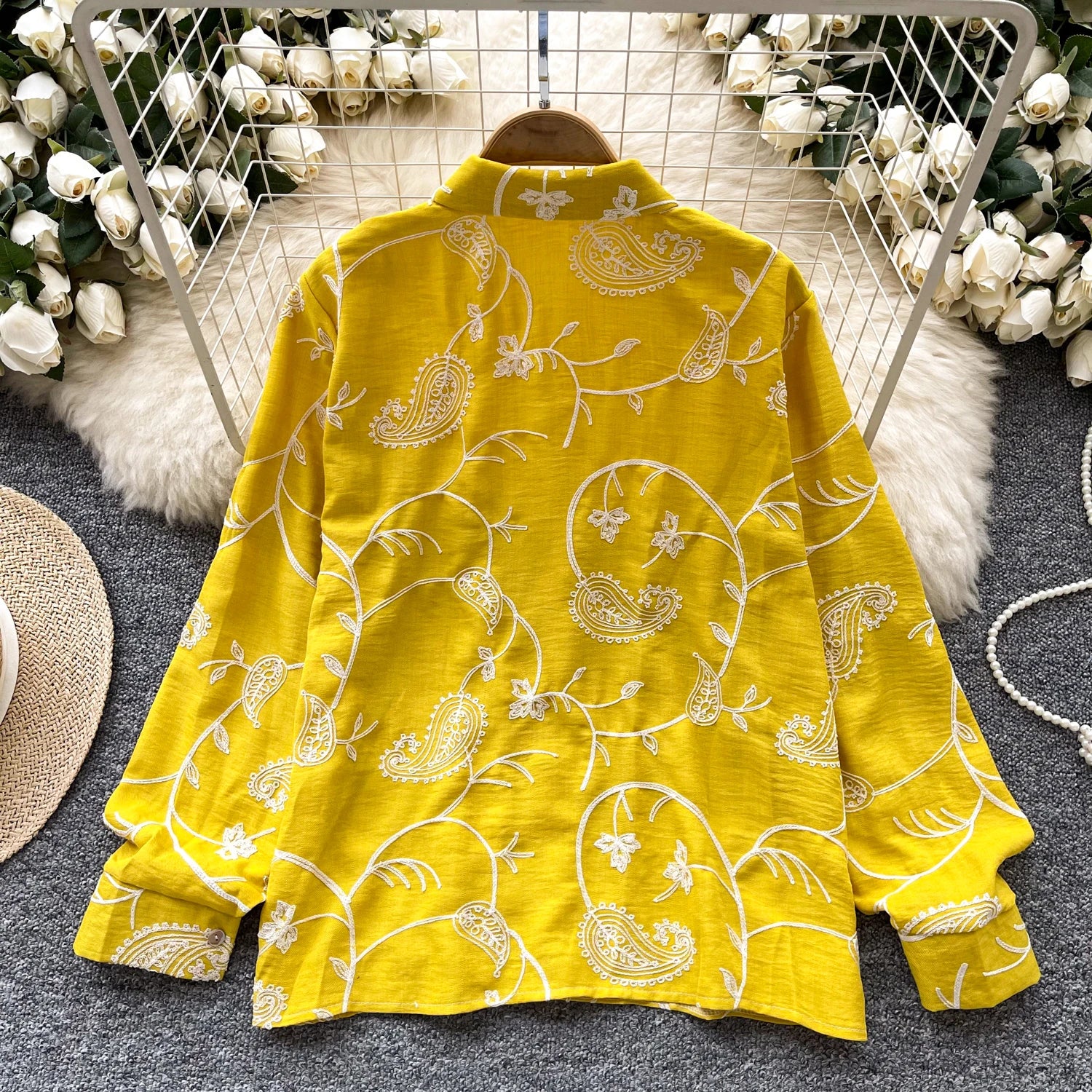 Vintage Elegant Embroidery print turn-down collar Blouse Fashion Single Breasted sweet Shirt  Casual Chic Top Fairy Summer Women